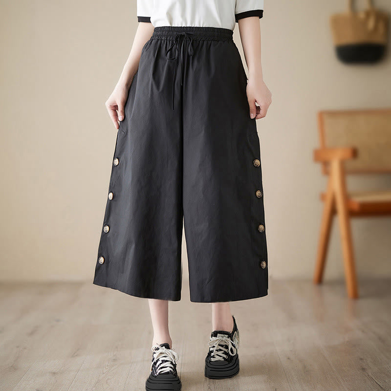 Buddha Stones Plain Buttoned Side Design Capri Cropped Women's Wide Leg Pants With Pockets - Black - US8-10，UK/AU12-14，EU40-42 (2XL) - image 5