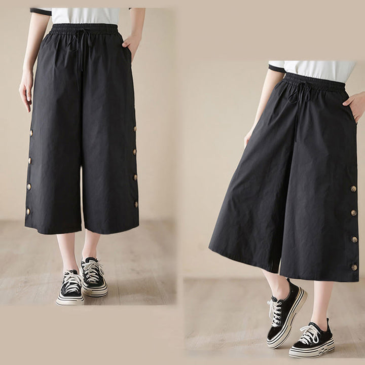 Buddha Stones Plain Buttoned Side Design Capri Cropped Women's Wide Leg Pants With Pockets - image 8