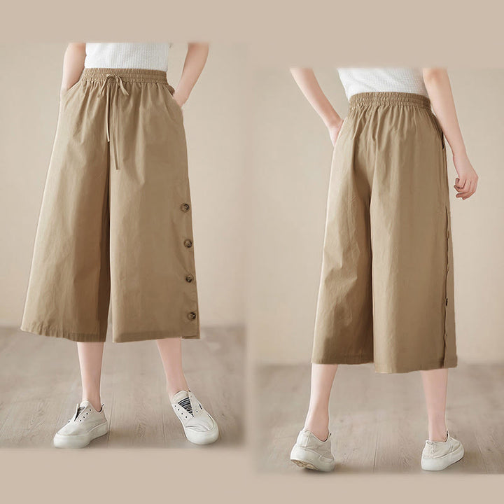 Buddha Stones Plain Buttoned Side Design Capri Cropped Women's Wide Leg Pants With Pockets - image 21