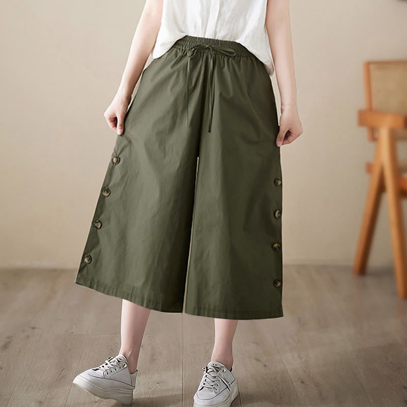 Buddha Stones Plain Buttoned Side Design Capri Cropped Women's Wide Leg Pants With Pockets - image 12