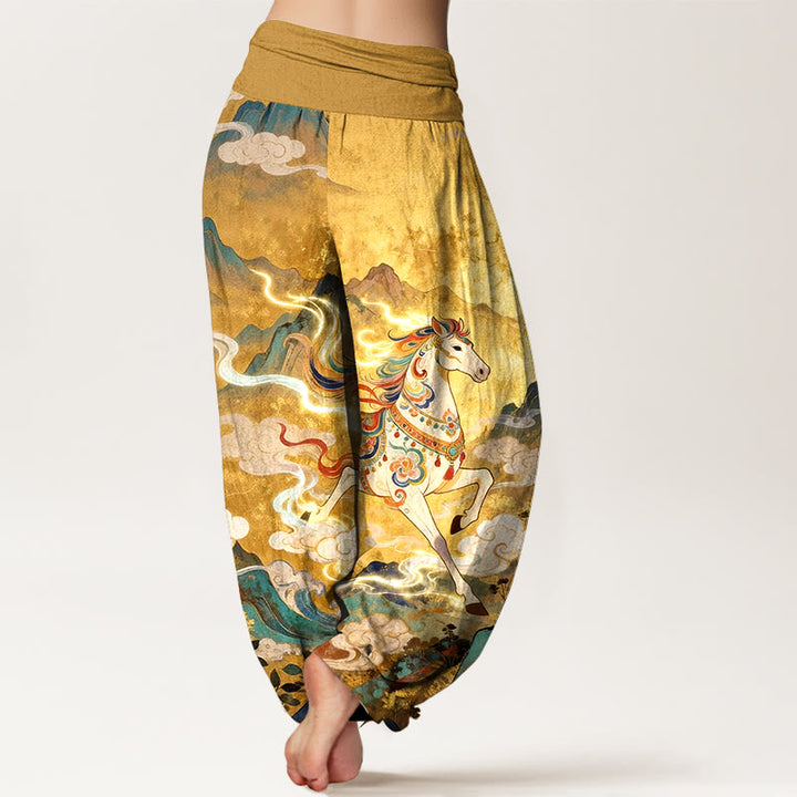 Buddha Stones Cotton Gorgeous Mountain Horse Cloud Pattern Women's Elastic Waist Harem Pants - image 1