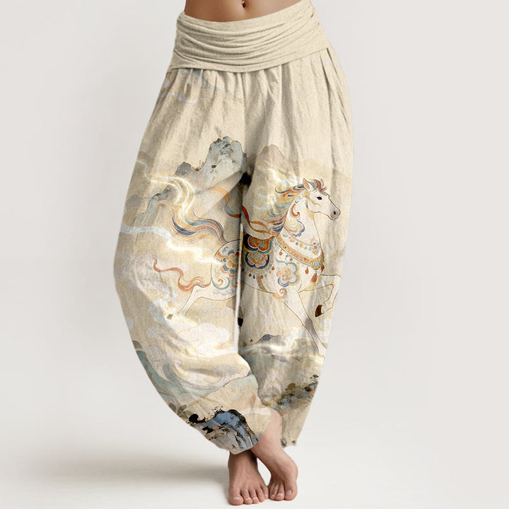 Buddha Stones Cotton Gorgeous Mountain Horse Cloud Pattern Women's Elastic Waist Harem Pants - LightGoldenrodYellow - US16，UK/AU20，EU48 (3XL) - image 5
