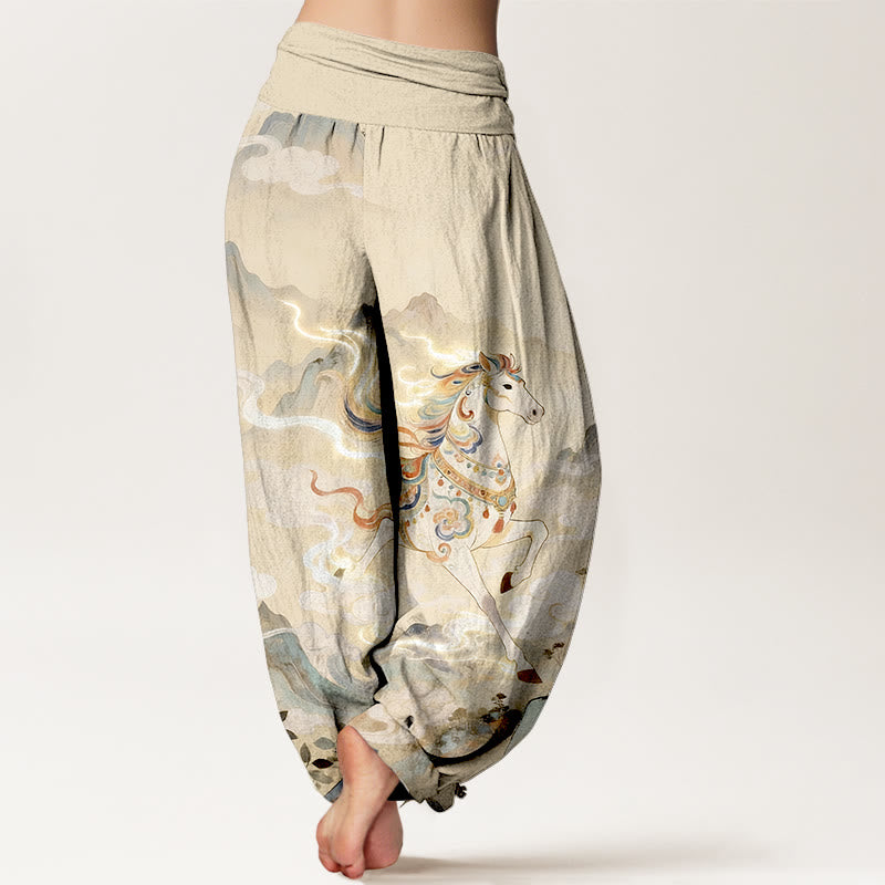 Buddha Stones Cotton Gorgeous Mountain Horse Cloud Pattern Women's Elastic Waist Harem Pants - image 6