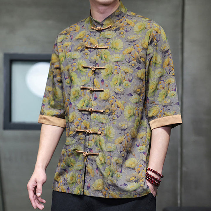 Buddha Stones Summer Colorful Floral Leaves Pattern Short Sleeve Frog-button Design Men's Cotton Shirt - Thistle - US/UK/AU46，EU56 (5XL) - image 7