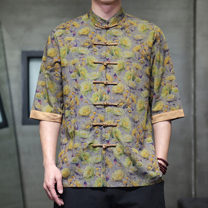 Buddha Stones Summer Colorful Floral Leaves Pattern Short Sleeve Frog-button Design Men's Cotton Shirt - image 8
