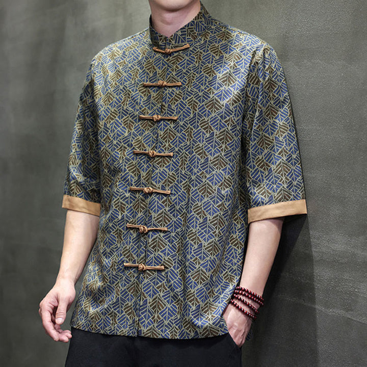 Buddha Stones Summer Colorful Floral Leaves Pattern Short Sleeve Frog-button Design Men's Cotton Shirt - image 23