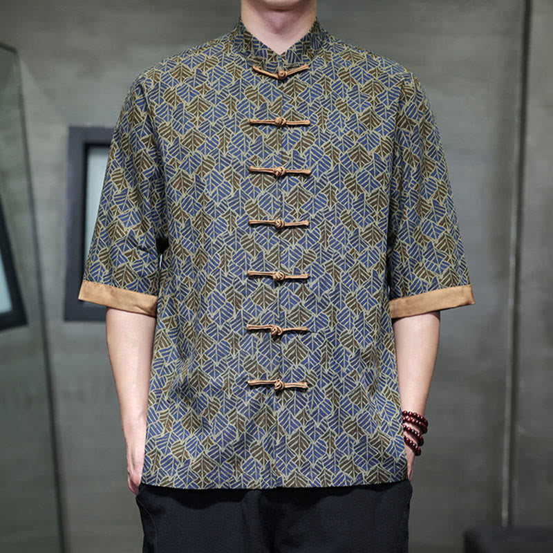 Buddha Stones Summer Colorful Floral Leaves Pattern Short Sleeve Frog-button Design Men's Cotton Shirt - image 21