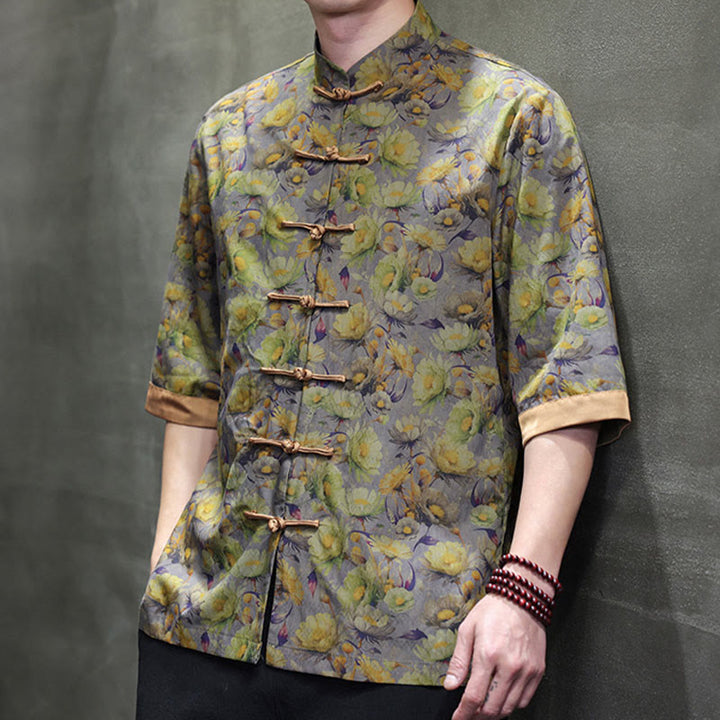 Buddha Stones Summer Colorful Floral Leaves Pattern Short Sleeve Frog-button Design Men's Cotton Shirt - image 11