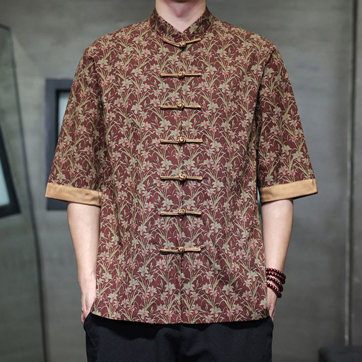 Buddha Stones Summer Colorful Floral Leaves Pattern Short Sleeve Frog-button Design Men's Cotton Shirt - image 2