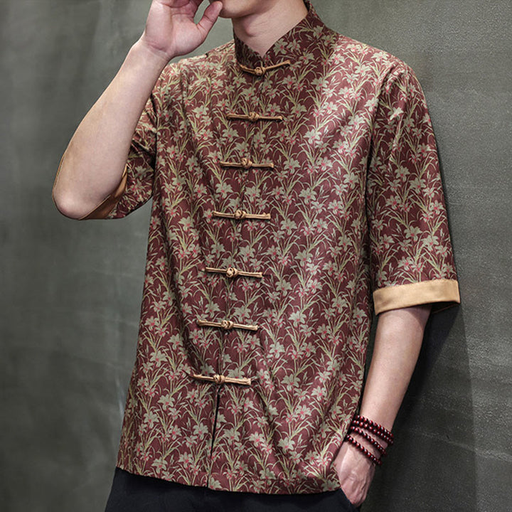 Buddha Stones Summer Colorful Floral Leaves Pattern Short Sleeve Frog-button Design Men's Cotton Shirt - image 6