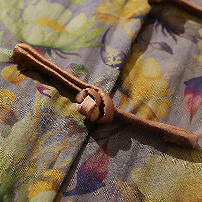 Buddha Stones Summer Colorful Floral Leaves Pattern Short Sleeve Frog-button Design Men's Cotton Shirt - image 15