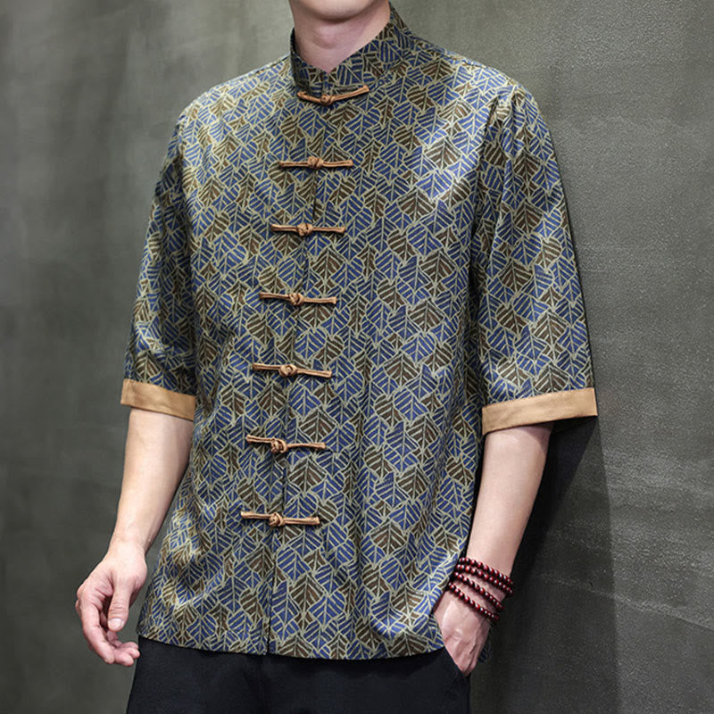 Buddha Stones Summer Colorful Floral Leaves Pattern Short Sleeve Frog-button Design Men's Cotton Shirt - image 23