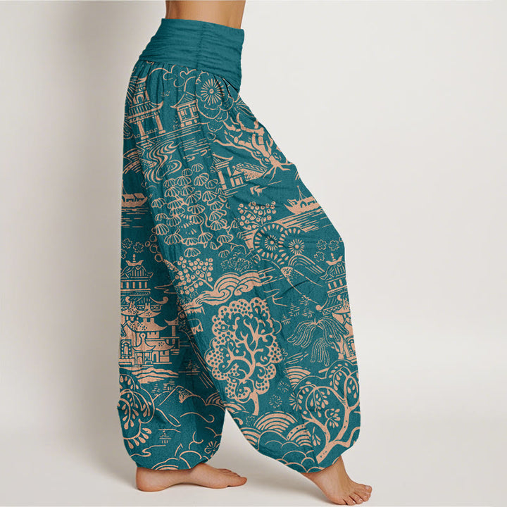 Buddha Stones Cotton Exquisite Tree Building Cloud Pattern Women's Elastic Waist Harem Pants - image 2