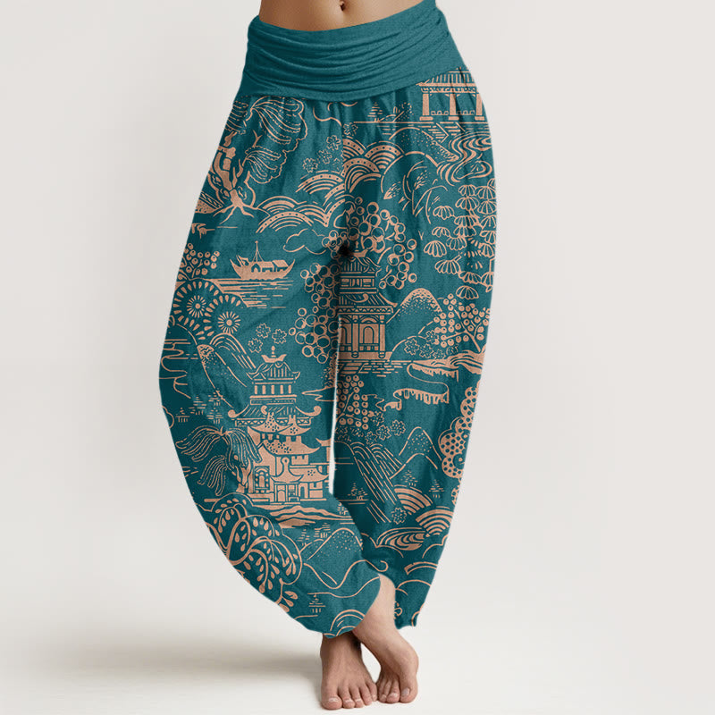 Buddha Stones Cotton Exquisite Tree Building Cloud Pattern Women's Elastic Waist Harem Pants - Teal - US16，UK/AU20，EU48 (3XL) - image 0