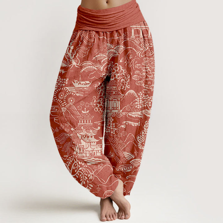 Buddha Stones Cotton Exquisite Tree Building Cloud Pattern Women's Elastic Waist Harem Pants - Tomato - US16，UK/AU20，EU48 (3XL) - image 5