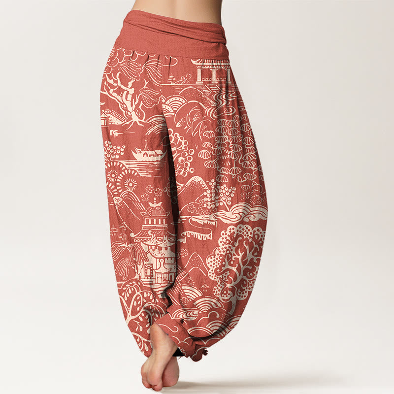 Buddha Stones Cotton Exquisite Tree Building Cloud Pattern Women's Elastic Waist Harem Pants - image 6