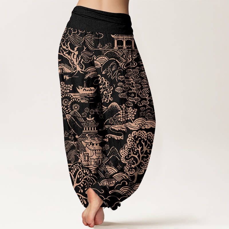 Buddha Stones Cotton Exquisite Tree Building Cloud Pattern Women's Elastic Waist Harem Pants - image 9