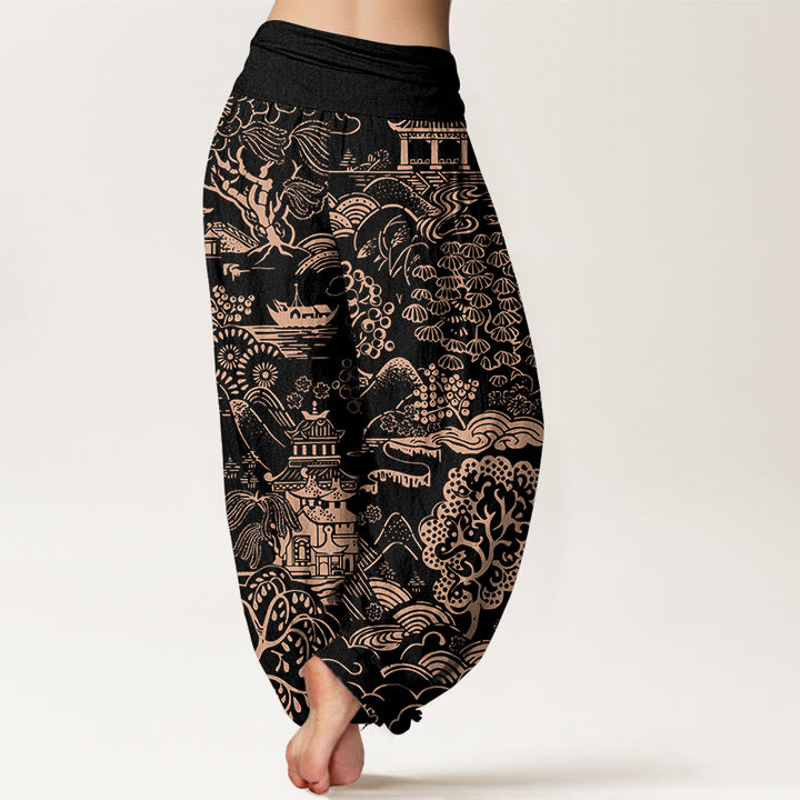 Buddha Stones Cotton Exquisite Tree Building Cloud Pattern Women's Elastic Waist Harem Pants - image 9