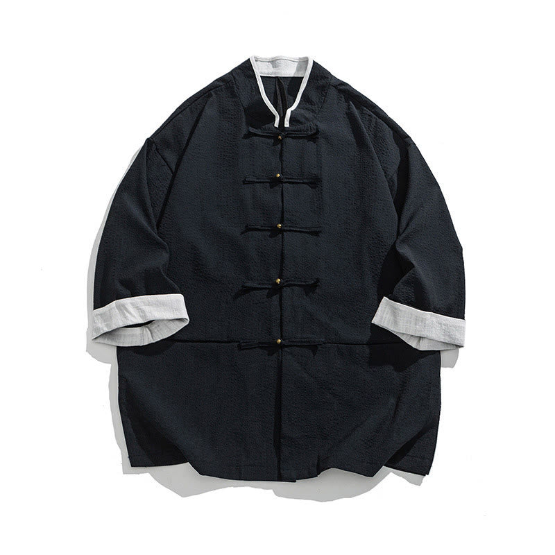 Buddha Stones Spring Solid Color Three Quarter Sleeve Tang Suit Men's Buttons Shirt With Pockets - MidnightBlue - US/UK/AU46，EU56 (5XL) - image 1