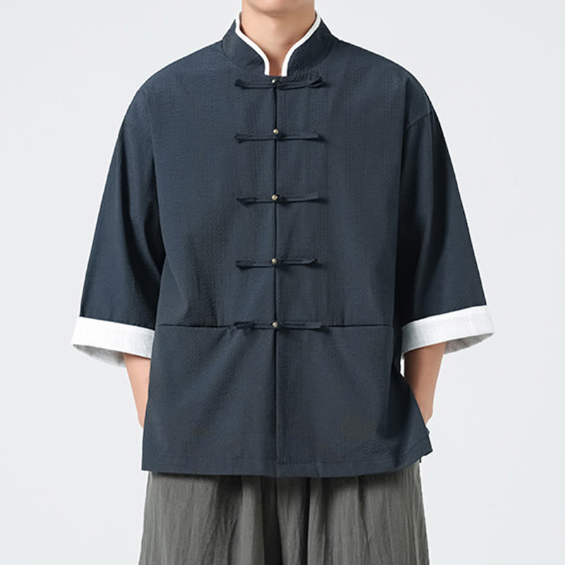 Buddha Stones Spring Solid Color Three Quarter Sleeve Tang Suit Men's Buttons Shirt With Pockets - image 4