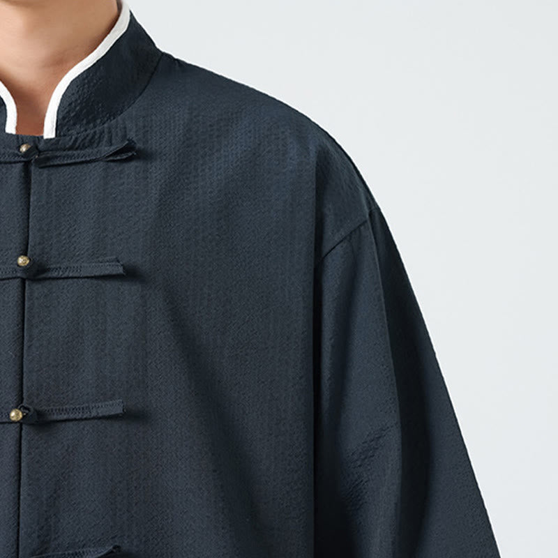 Buddha Stones Spring Solid Color Three Quarter Sleeve Tang Suit Men's Buttons Shirt With Pockets - image 11