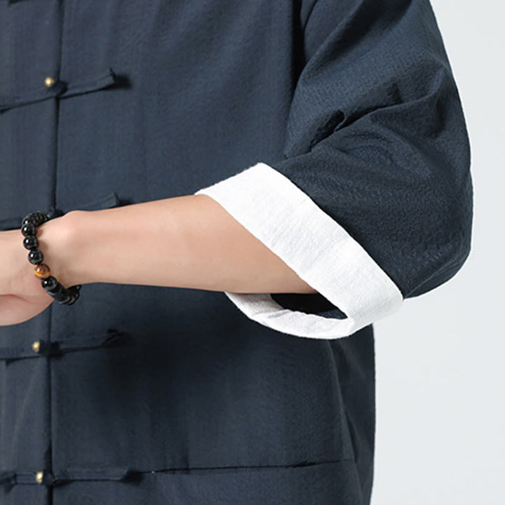 Buddha Stones Spring Solid Color Three Quarter Sleeve Tang Suit Men's Buttons Shirt With Pockets - image 12