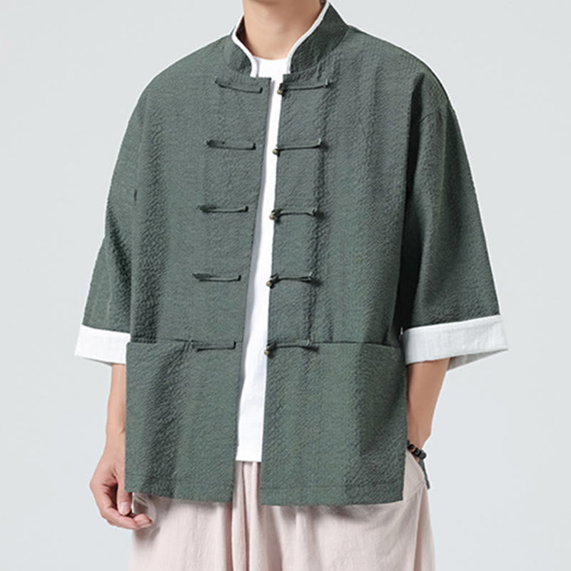 Buddha Stones Spring Solid Color Three Quarter Sleeve Tang Suit Men's Buttons Shirt With Pockets - image 28