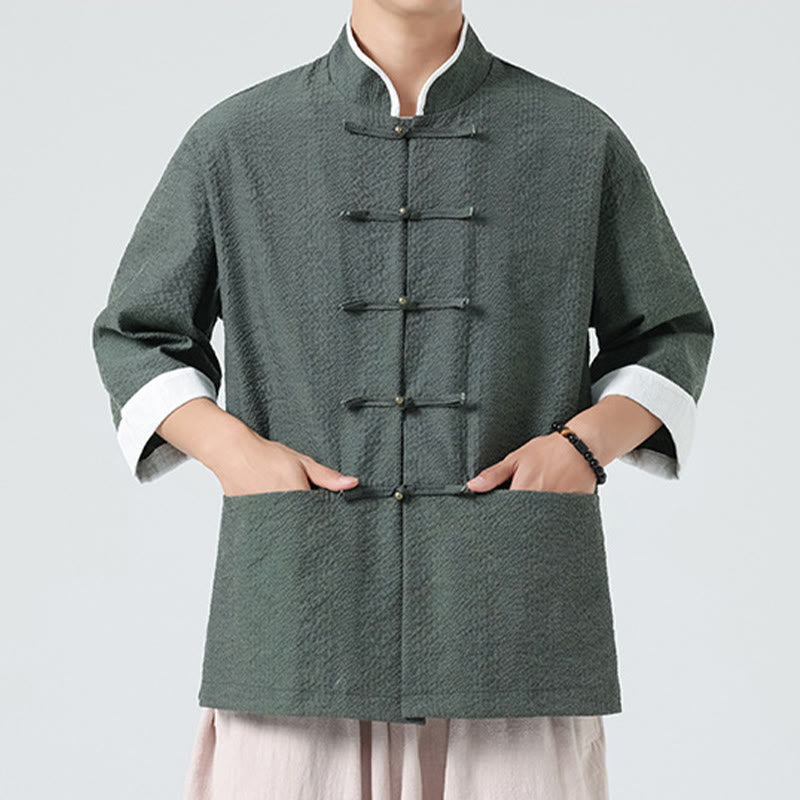 Buddha Stones Spring Solid Color Three Quarter Sleeve Tang Suit Men's Buttons Shirt With Pockets - image 23