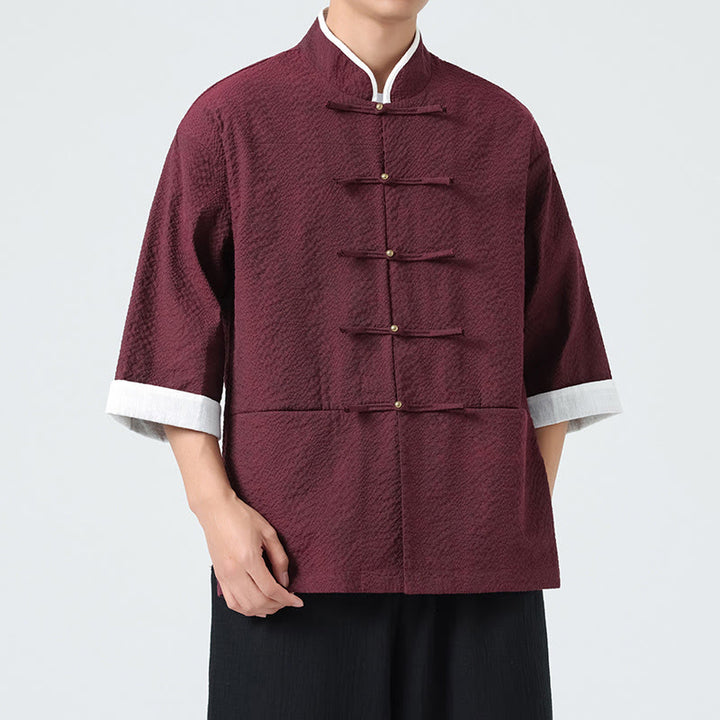 Buddha Stones Spring Solid Color Three Quarter Sleeve Tang Suit Men's Buttons Shirt With Pockets - image 15