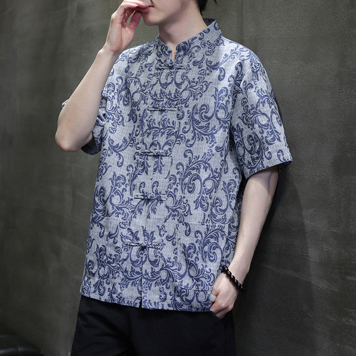Buddha Stones Summer Floral Vine Pattern Tang Suit Men's Frog-Button Short Sleeve Shirt With Pockets - image 5