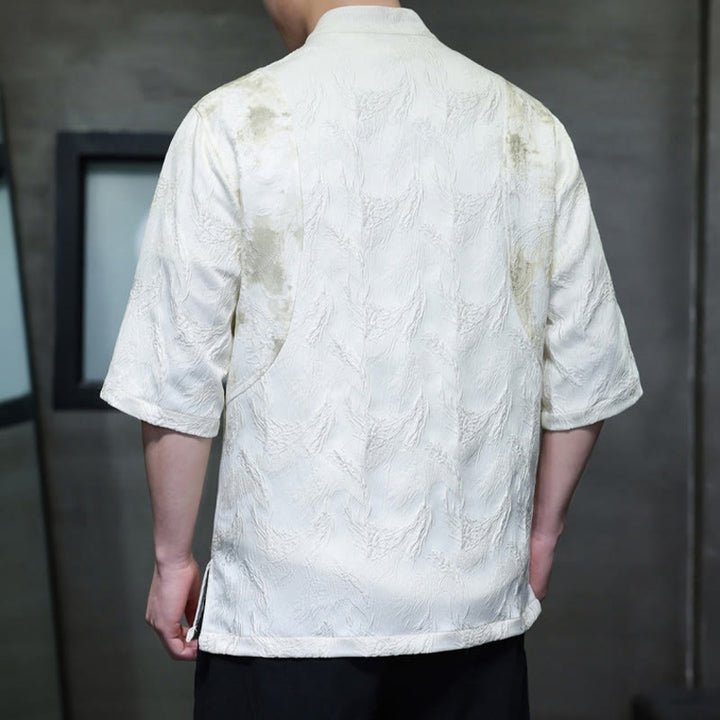 Buddha Stones Textured Jacquard Bagua Pattern Button Tang Suit Men's Half Sleeve Cotton Shirt - image 2