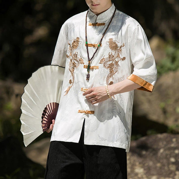 Buddha Stones Embroidered Dragon Pattern Colorblock Design Tang Suit Men's Frog-Button Half Sleeve Shirt - image 8