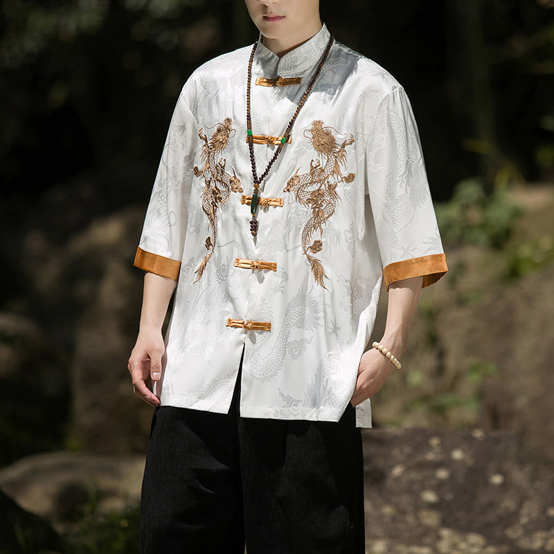 Buddha Stones Embroidered Dragon Pattern Colorblock Design Tang Suit Men's Frog-Button Half Sleeve Shirt - image 1
