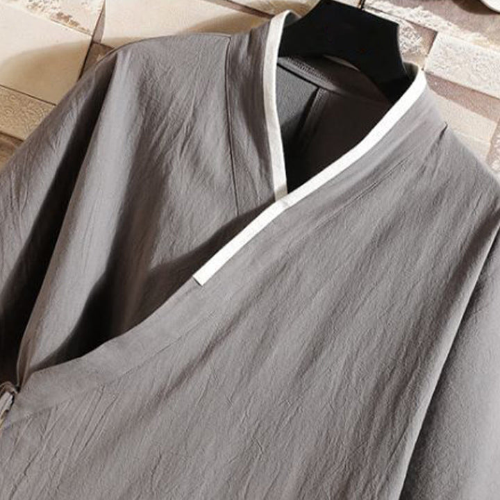 Buddha Stones Embroidered Crane Auspicious Cloud Pattern Open Front Short Sleeve Jacket Men's Cotton Kimono - image 3