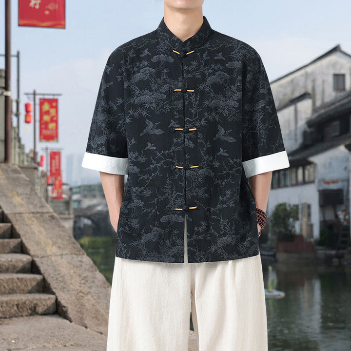 Buddha Stones Summer Crane Pine Tree Pattern Tang Suit Men's Frog-Button Half Sleeve Cotton Shirt With Pockets - Black - US/UK/AU46，EU56 (5XL) - image 0