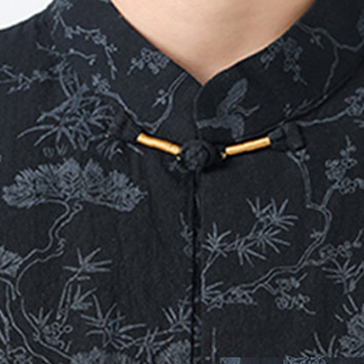 Buddha Stones Summer Crane Pine Tree Pattern Tang Suit Men's Frog-Button Half Sleeve Cotton Shirt With Pockets - image 3