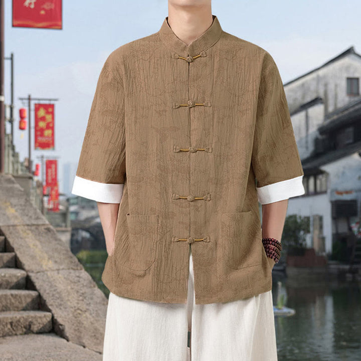 Buddha Stones Summer Crane Pine Tree Pattern Tang Suit Men's Frog-Button Half Sleeve Cotton Shirt With Pockets - image 10