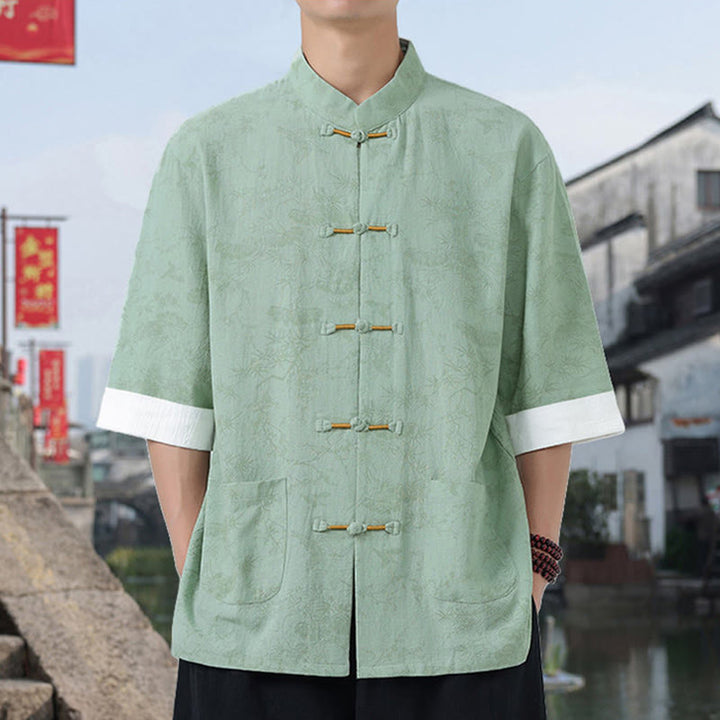 Buddha Stones Summer Crane Pine Tree Pattern Tang Suit Men's Frog-Button Half Sleeve Cotton Shirt With Pockets - image 13