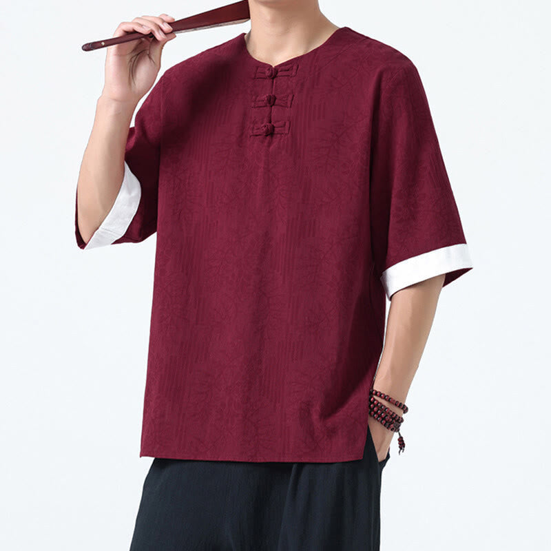 Buddha Stones Summer Flowers Grass Pattern Tang Suit Men's Frog-Button Half Sleeve Cotton Shirt - Maroon - US/UK/AU46，EU56 (5XL) - image 14