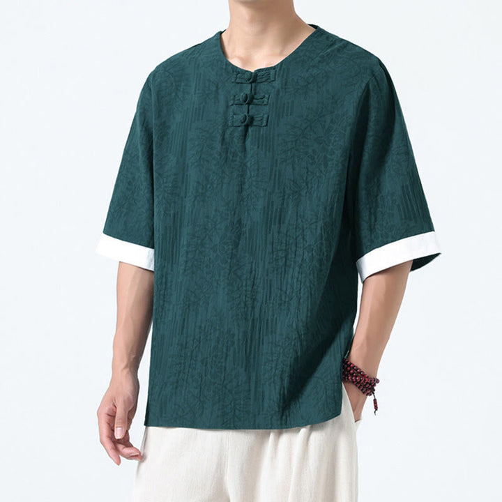 Buddha Stones Summer Flowers Grass Pattern Tang Suit Men's Frog-Button Half Sleeve Cotton Shirt - image 1
