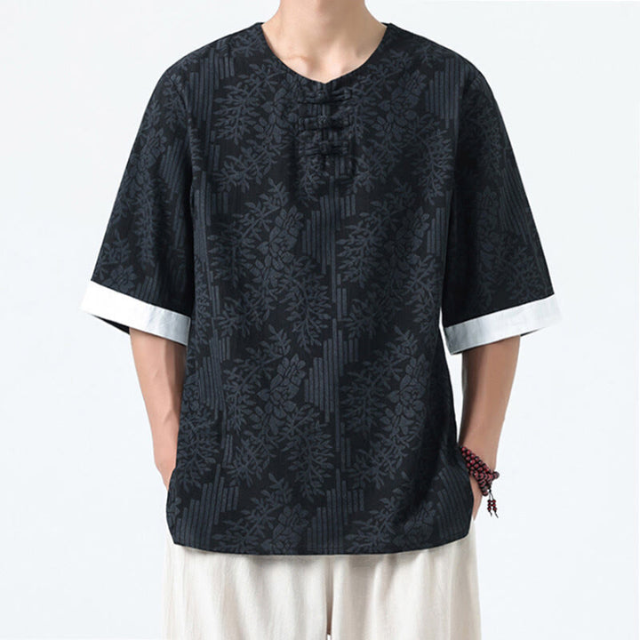 Buddha Stones Summer Flowers Grass Pattern Tang Suit Men's Frog-Button Half Sleeve Cotton Shirt - Black - US/UK/AU46，EU56 (5XL) - image 11