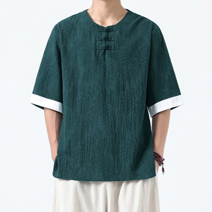 Buddha Stones Summer Flowers Grass Pattern Tang Suit Men's Frog-Button Half Sleeve Cotton Shirt - DarkCyan - US/UK/AU46，EU56 (5XL) - image 0