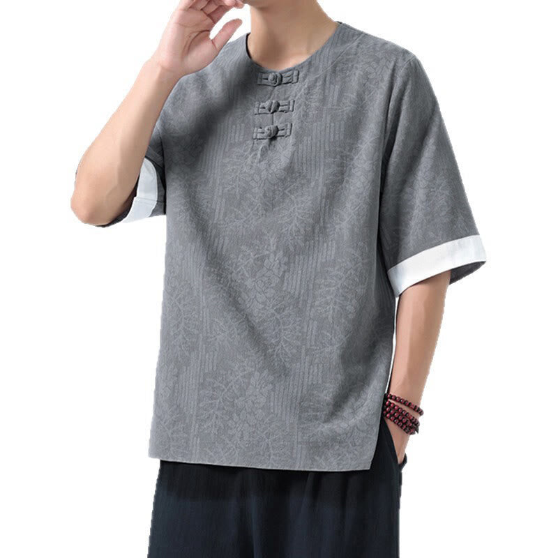 Buddha Stones Summer Flowers Grass Pattern Tang Suit Men's Frog-Button Half Sleeve Cotton Shirt - image 6