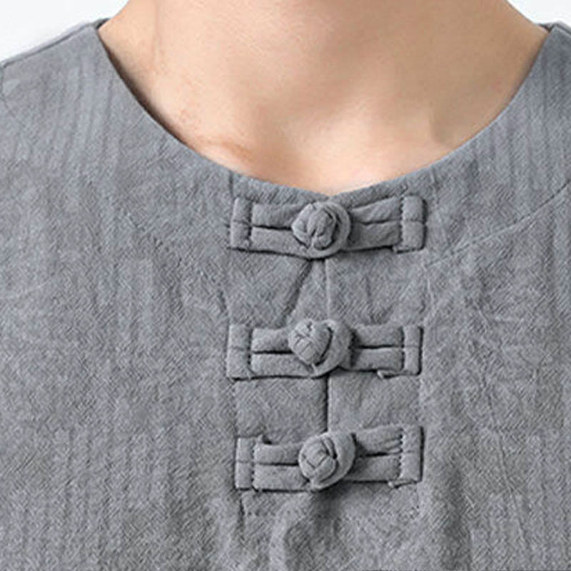 Buddha Stones Summer Flowers Grass Pattern Tang Suit Men's Frog-Button Half Sleeve Cotton Shirt - image 7