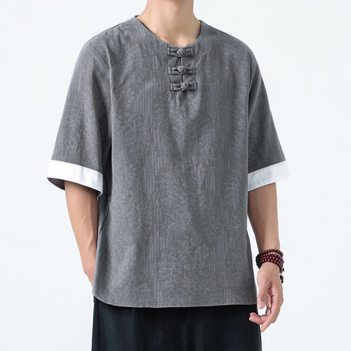 Buddha Stones Summer Flowers Grass Pattern Tang Suit Men's Frog-Button Half Sleeve Cotton Shirt - image 5