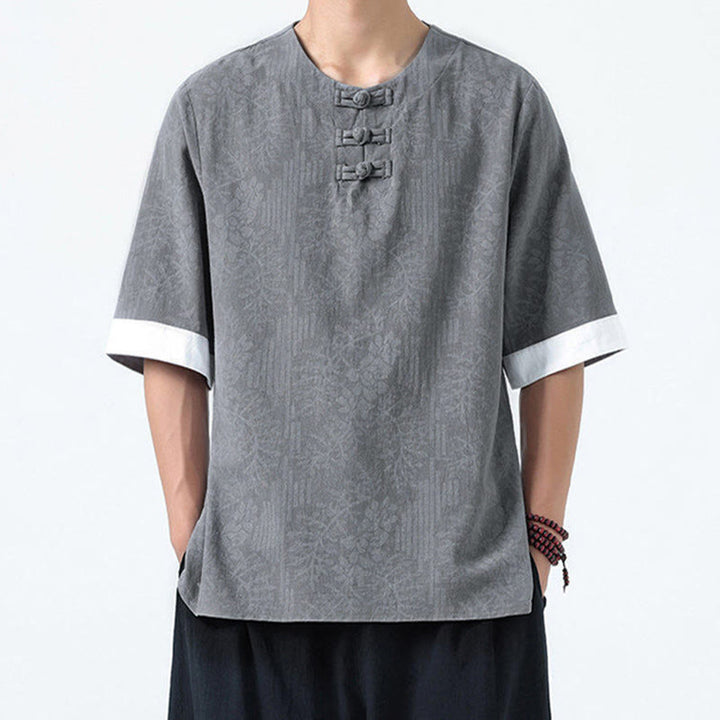 Buddha Stones Summer Flowers Grass Pattern Tang Suit Men's Frog-Button Half Sleeve Cotton Shirt - image 4