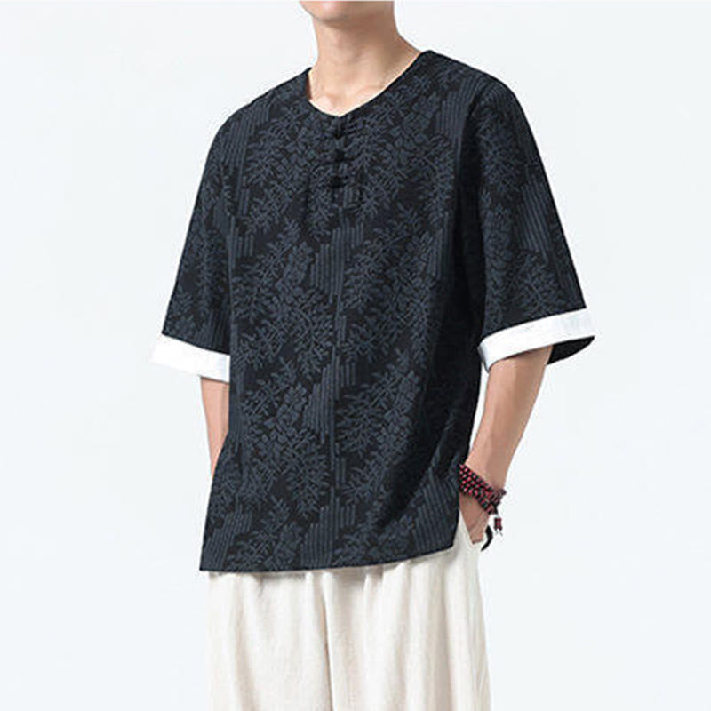 Buddha Stones Summer Flowers Grass Pattern Tang Suit Men's Frog-Button Half Sleeve Cotton Shirt - image 13