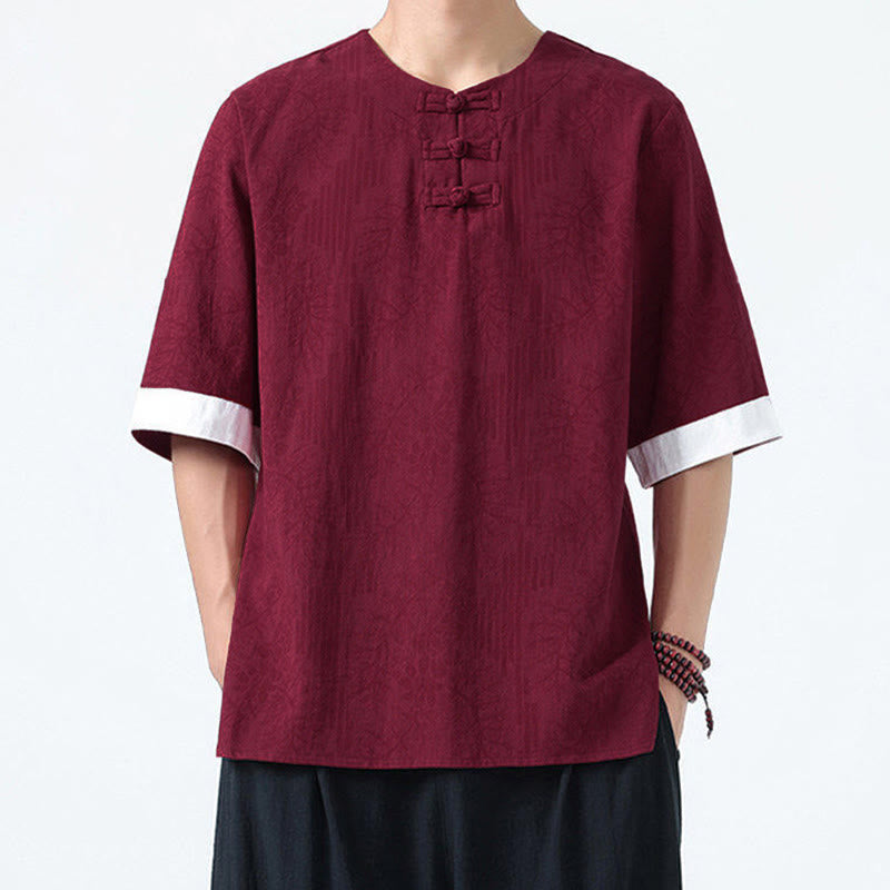 Buddha Stones Summer Flowers Grass Pattern Tang Suit Men's Frog-Button Half Sleeve Cotton Shirt - image 16