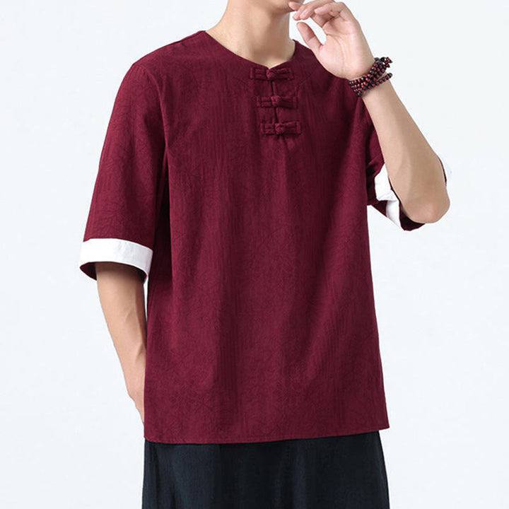Buddha Stones Summer Flowers Grass Pattern Tang Suit Men's Frog-Button Half Sleeve Cotton Shirt - image 15