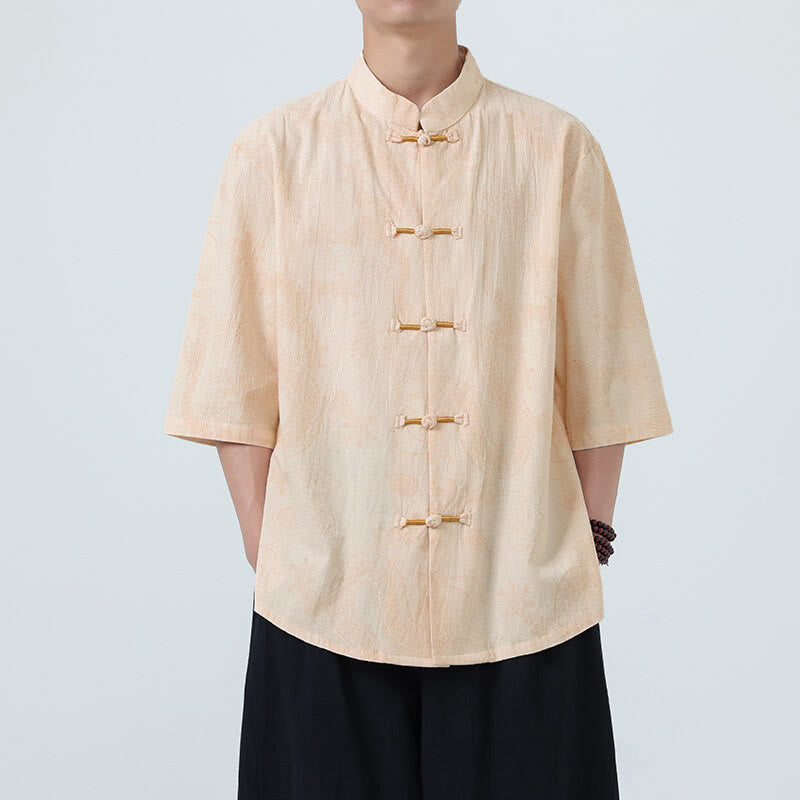 Buddha Stones Summer Dragon Auspicious Clouds Pattern Tang Suit Men's Frog-Button Half Sleeve Cotton Shirt - Wheat - US/UK/AU46，EU56 (5XL) - image 7